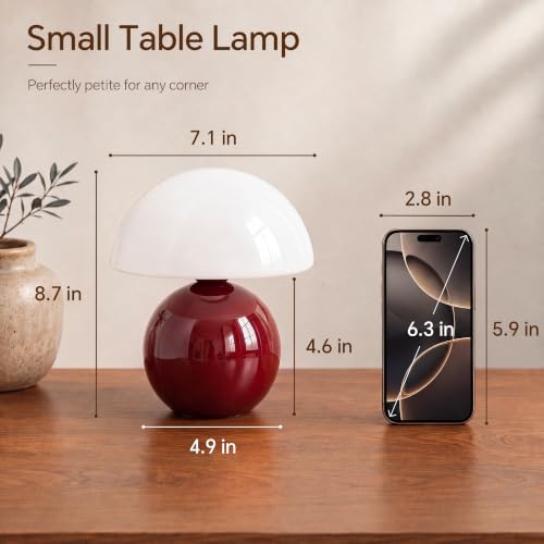 Image of Dawnwake Mushroom Lamp Table Lamp for Bedroom-Small Table Lamps,Wine Red | 8.7 inch Mid Century Modern Table Lamps for Living Room Bedroom Decor,Cute Ceramic Lamps for Mushroom Home Room Decor,Glass Shade