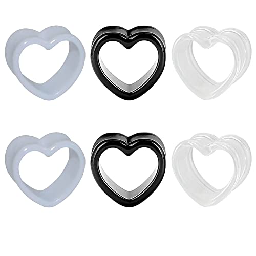 VERAMI 6 Pcs Heart Shape Acrylic Ear Tunnels Plugs Set White Black Clear Stretcher Expander Ear Piercing Jewelry for Women Men