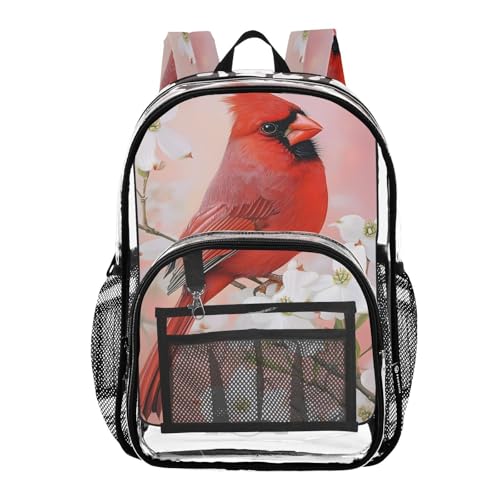 White Cherry Blossom Red Bird Clear Backpack Heavy Duty See Through Transparent PVC BookBag for Kids Boy Girl School Work