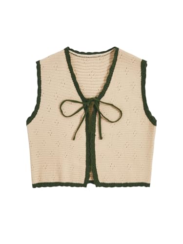 Verdusa Women's Sweater Vest Fall Fashion Trendy Tops Tie Front Sleeveless Crochet Knit Top