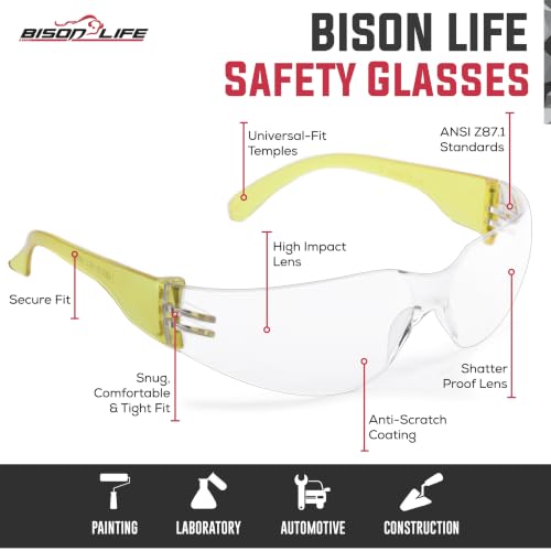Image of BISON LIFE Clear Safety Glasses - ANSI Z87.1 Certified Scratch & Impact Resistant Eye Protection Goggles for Men & Women