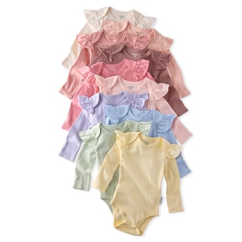 Image of Butterblu Ashley 10-Pack Long Sleeve Ruffle Shoulder Bodysuits 100% Organic for Baby Girls