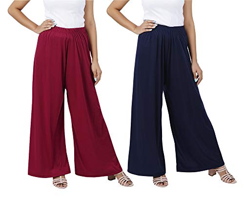 Image of Buy That Trendz M to 4XL Cotton Viscose Loose Fit Flared Wide Leg Palazzo Pants for Women Maroon Navy Combo Pack of 2