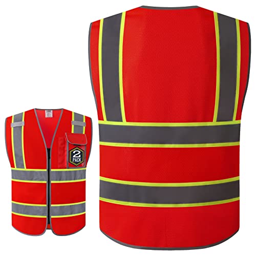 Jksafety 2 Pack Hi-Vis Mesh Safety Vest Fluorescent Color For Men Women With 3 Pockets And Zipper High Visibility Safety Vest Class 1 (98-Red Xxl) #TOP1