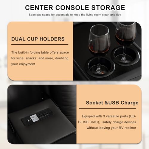 Image of Loveseat Recliner Sofa, RV Recliner Couch, Manual Reclining Loveseat with Console for Living Room, Home Theater Seating with AC /USB C /USB LED Light Drawer (Black,Loveseat with Console)
