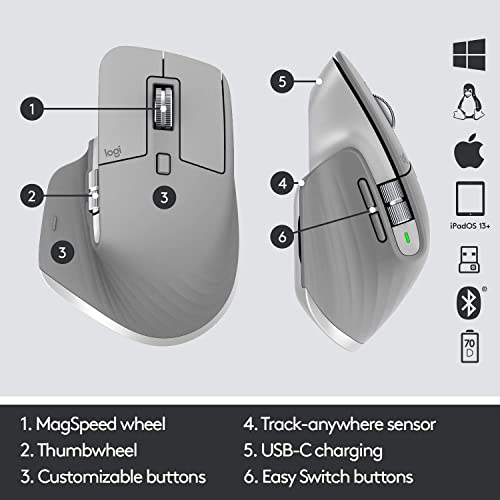 Image of (Refurbished) Logitech MX Master 3 Advanced Wireless Mouse - Ultrafast Scrolling, 4000 DPI, Use on Any Surface, Ergonomic & Customisable, USB-C Quick Charging, Bluetooth, PC /Mac /iPad /Linux Compatible-Mid Grey