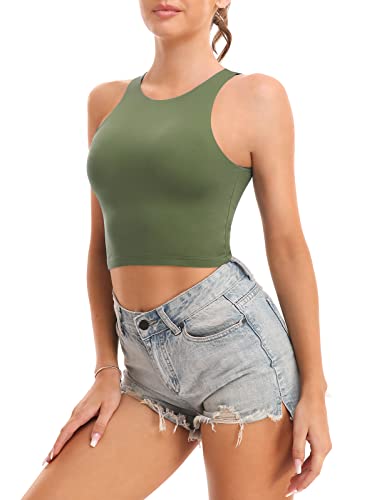 BryticFlow Damen Crop Top Sportshirt – Doppellagig mit High Neck & Racerback – Atmungsaktives Fitness Tanktop für Yoga, Gym und Laufen 2er Pack Schwarz/Grün L