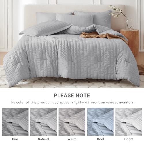MUXHOMO 7 Pieces Queen Comforter Set, Seersucker Bed in a Bag Queen Size, All Season Luxury Bedding Set with Comforter, Flat Sheet, Fitted Sheet, Pillowcases & Shams, Light Grey