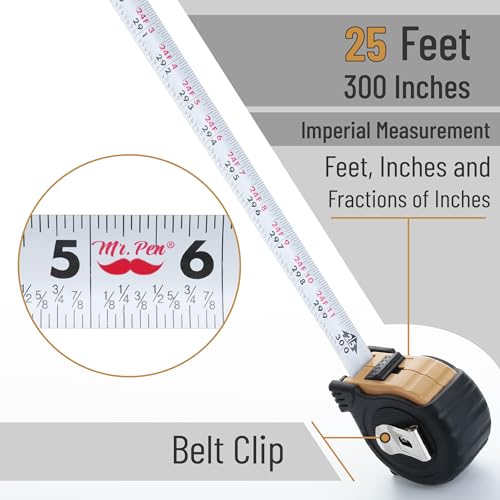 Image of Mr. Pen- Tape Measure, 25-Foot, Light Brown, Steel Measuring Tape Measure with Fractions, Retractable Measuring Tape Retractable