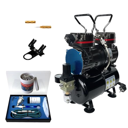 Airbrush-Set mit 4-, 6-Bar Kompressor – Komplett-Set mit Dual-Action Airbrush- & Lackierpistolen für Tattoo, Kunst, Malerei & Modellbau – inkl. Nadeln, Düsen, Manometer & Luftfilter (Airbrush Set 5)