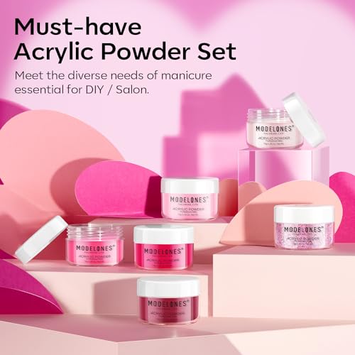 Modelones Pink Acrylic Powder 6 Colors Acrylic Nail Powder Kit Neon Glitter Summer Acrylic Nail Powder Valentine's Acrylic Cover Powder for Nail Art Extension No Nail Lamp Needed
