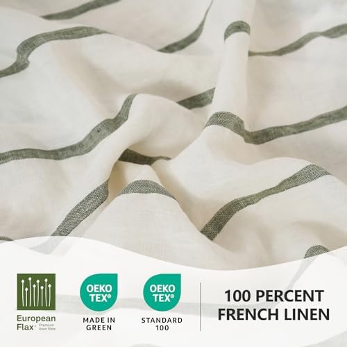 S VICTORY SYMBOL 100% Organic Linen Sheets Set,Yarn Dyed Green Vertical Stripe Bed Sheets,French Natural Flax Bedding Set,Queen Size Washed Linen 4pcs Farmhouse Bed Sheets - Thumbnail 3