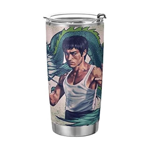 Qilmy Bruce Lee and Dragon Tumbler Double Wall Vacuum Insulated Travel Mug 20oz, Stainless Steel Tumblers with Lid and Straw, Coffee Cups for Cold & Hot Drinks Cover
