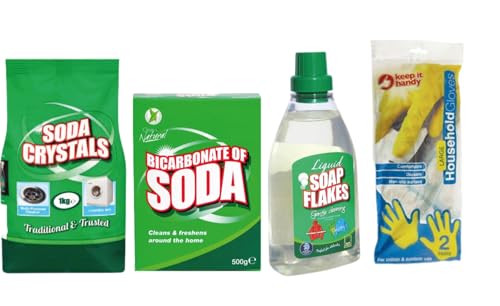 Home Cleaning Bundle - Soda Crystals 1kg, Bicarbonate of Soda 500g, Liquid Soap Flake 750ml, 2 Pairs of Household Gloves | Eco-Friendly Multi-Purpose Cleaning Essentials
