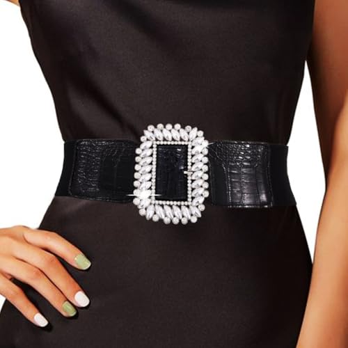 Wide Elastic Waist Belt Rhinestone Buckle Lady Belt for Dresses Sparkle Crystal Stretchy Wide Belt for Women