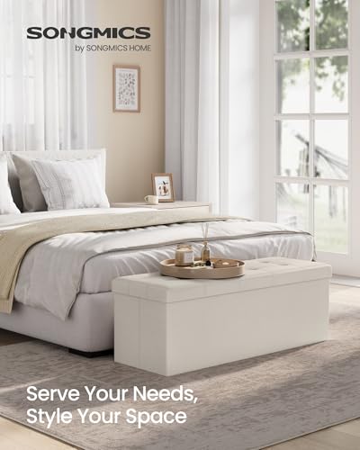 Image of SONGMICS Mazie Collection - 43 Inches Folding Storage Ottoman Bench, Ottoman with Storage, Foot Rest Stool, Load 660 lb, for Living Room, Synthetic Leather, Cream White ULSF70M