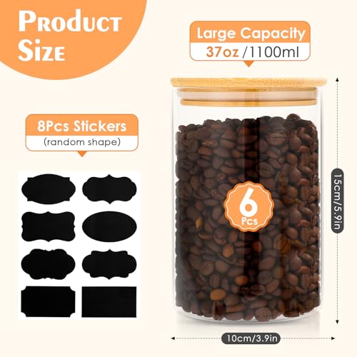 37oz Glass Jars with Bamboo Lids 6 Pack, Clear Airtight Food Glass Storage Jars, Round Durable Kitchen Glass Storage Containers for Noodles Flour Cereal Rice Sugar Tea Coffee Beans Candy 1100ml