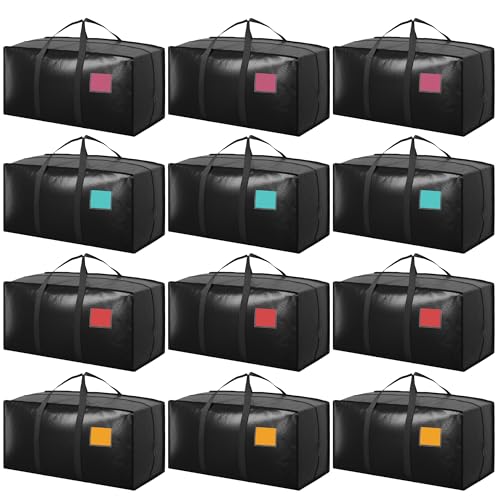Image of 12 Pack Moving Bags with Full-Open Side Zipper, Extra Large 93L Heavy Duty Waterproof Foldable Storage Totes for College Dorm, Moving & Home Organization Black
