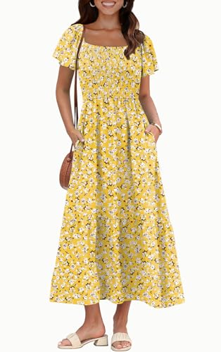 Image of OFEEFAN Summer Dresses for Women Square Neck Ruffle Sleeve Smocked Maxi Dress with Pockets