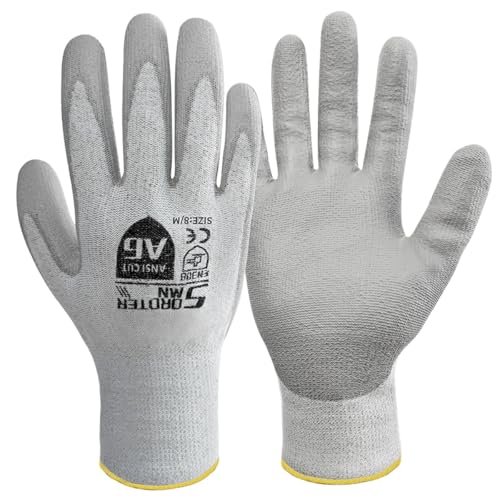 SordTermin Cut Resistant Work Gloves, ANSI A6, PU Coated Palms for Flexible No Slip Grip, Food Grade, Abrasion Resistant (10 PAIRS - XL)