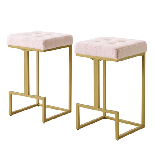24KF Contemporary Set of 2 Counter Stool for Kitchen Island, 26" H Pink Teddy Fabric Padded Gold Barstool Bar Chair,5067-Teddy Pink by 24KF - Image 3