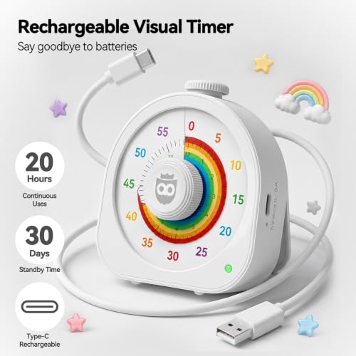 Image of Visual Timer for Kids 60Min /12H Dual Countdown Timers with Magnetic Sticker | Rechargeable Timer with Pomodoro Mode, ADHD Time Management Tool for Classroom Kitchen Office, Silent Operation