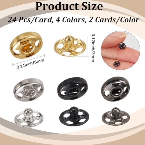 192PCS 4 Colors 6MM Gold Black Silver Gunblack Brass Snap Fastener Button Metal Sew on Press Studs Leather Flat Round Poppers Buttons for Sewing Making Clothing Fabric Decorations Diy Crafts2