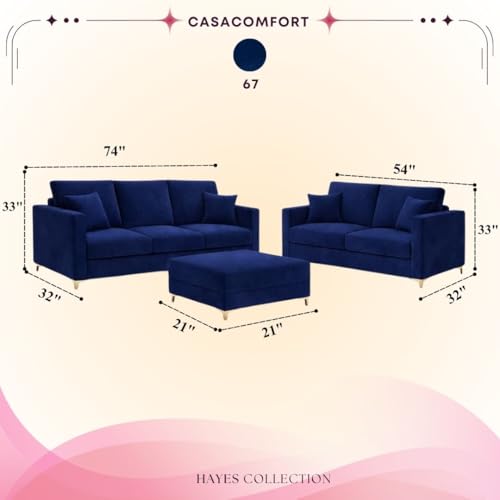Image of Hayes Rich Velvet Suede 3 Seater + 2 Seater Sofa Set with Ottoman | Golden Aesthetic Legs | 6 Person Seating Capacity | Spacious Soft Touch Comfort | Modern Living Room Sofa (Dark Blue)