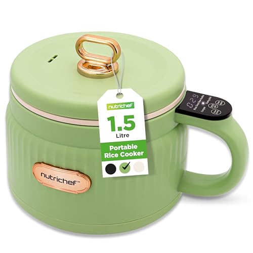 NutriChef Portable Electric Rice Cooker, 1.6L Mini Cooker with Non-Stick Ceramic Pot, Digital Control Panel, 6 Cooking Modes for Rice, Soup, Stew, Porridge & More, Green