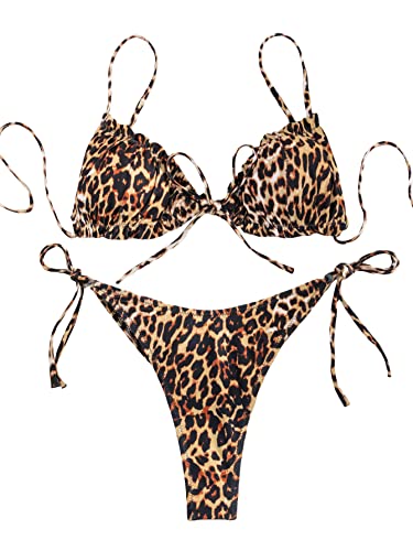 OYOANGLE Women's 2 Piece Bikini Sets Leopard Print Spaghetti Strap Tie Side Bathing Suit Swimsuit Swimwear
