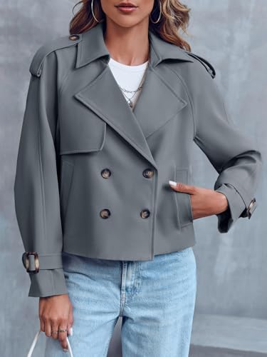 Saodimallsu Women Crop Double Breasted Trench Coat Raglan Sleeve Work Office Cropped Jacket With Pockets