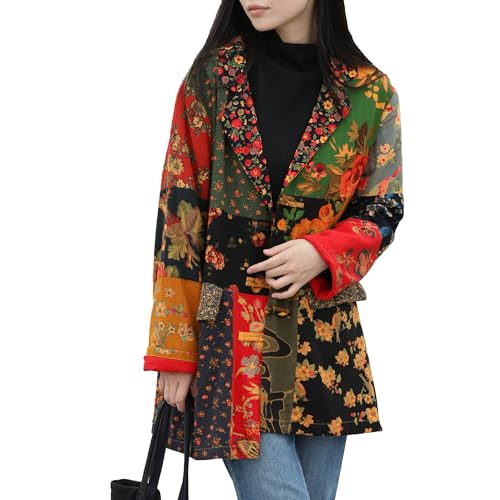 Patchwork Coat for Women Vintage Floral Print Boho Outerwear with Color Block Design Loose Fit & Long Sleeve Casual Wear (US, Alpha, X-Large, Regular, Regular, Yellow Block)