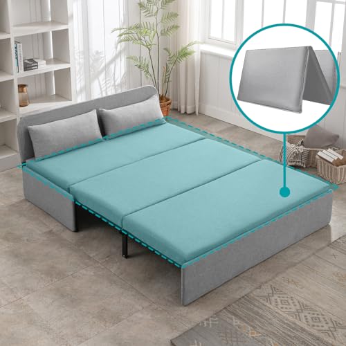 Image of BALUS 61 inch Queen Sleeper Sofa Bed Pull Out Couch with Pullout Beds, 2 in 1 Convertible Linen Loveseat Sofas Sleepers with Pillows, Tri-fold Mattress for Small Space Office Apartment Loft, Light Grey