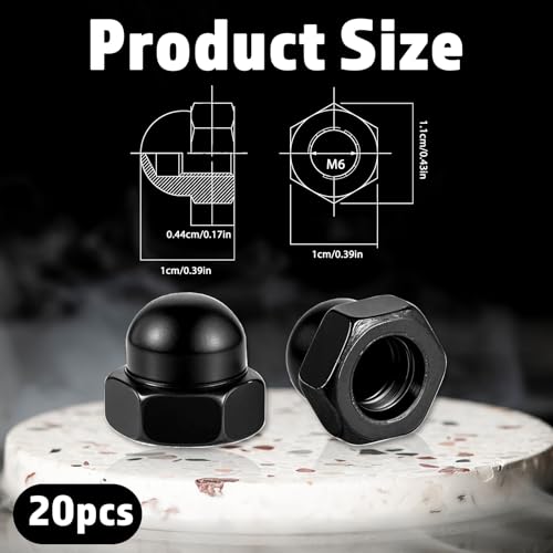 20 Stück Hutmuttern M6 Schwarz Hutmutter Eichel Sechskant Hutmuttern Kohlenstoffstahl Sechskant Dekorative Kappenmutter für Schrauben Bolzen