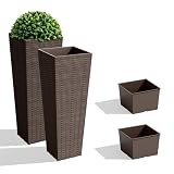 JUMMICO Set of 2 Resin Rattan Tall Planters for Outdoor Plants, Large Tapered Planters with Drainage Holes, Flower Pots for Garden, Patio, Porch, Backyard (Brown, 23.5',Inner Tray)