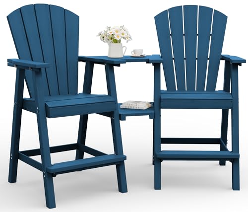 SUUNYN Tall Adirondack Chairs Set of 2 HDPE High Adirondack Chairs with Double Removable Trays All Weather Outdoor Barstools for Patio Balcony Backyard Deck and Garden NavyBlue