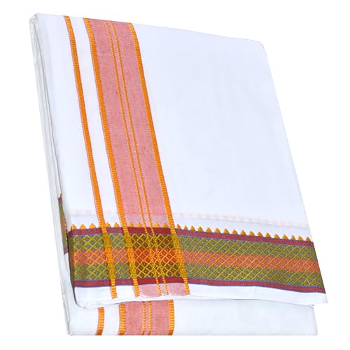 Image of TUNI MANI Men's Panchakacham Dhoti with Angavasthram with Zari Border, Cotton, Size: 9 X 5 (4.0mtr Dhoti, 2.25mtr Towel)