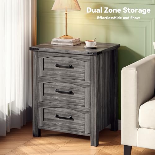 Decofy Farmhouse Nightstand Set of 2 with Charging Station, 18'' Wide Rustic End Table with USB/Type-C Ports, 3 Drawers, Wood Bedside Table for Bedroom, Grey Oak by Decofy - Image 5