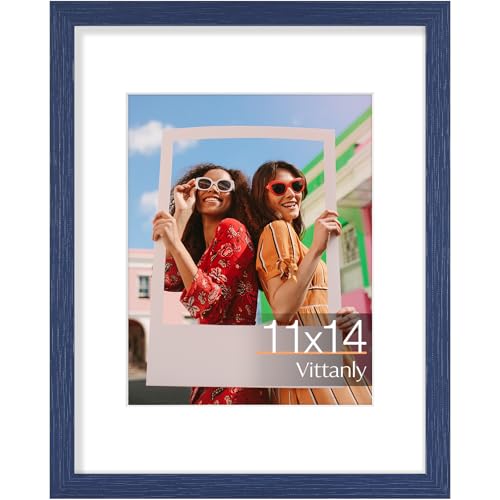 Vittanly 11x14 Picture Frame, Display Pictures 8x10 with Mat or 11x14 without Mat, Photo Frame for Wall Mounting, Denim Blue, 1 Pack