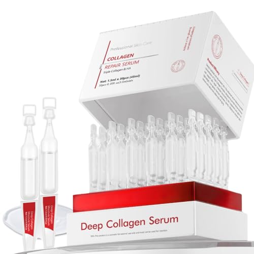 Triple Collagen & Hyaluronic Acid Serum, Collagen Hyaluronic Acid Moisturiser, Colla-gen Peptide Anti Aging Serum for Dry & Sensitive Skin, Ultra-Hydrating Repair Essence, 30x 1.5ml Ampoules
