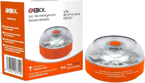 EBOX Luz Emergencia V16 Homologada DGT con Geolocalización, Baliza Coche Conectada DGT 3.0, Datos Incluidos hasta 12/2038
