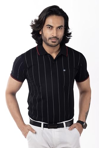 Image of Men's Polo T- Shirts Collar Neck Half Sleeves, Regular Fit, Cotton Mercerized Collection with All Over Vertical Printed Stripes /Comfortable and Soft
