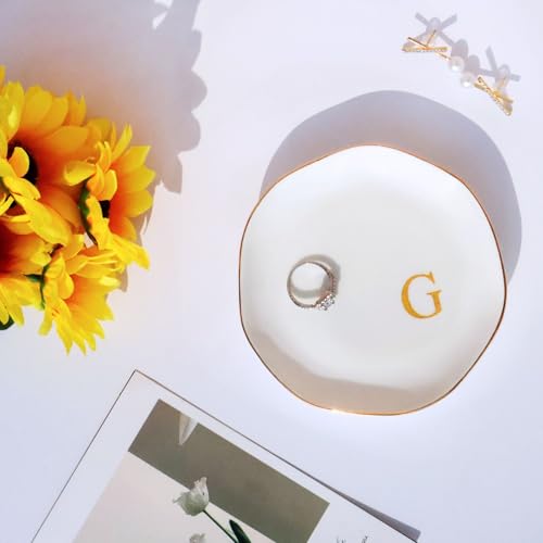 Image of Ceramic Jewelry Tray Initial Ring Dish Personalized G-Monogrammed Engagement Wedding Gifts, for Birthday Mother's Day Christmas for Women, Ceramic White 4.75 inch (G)