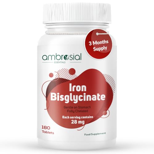 Image of Ambrosial Iron Bisglycinate 28mg High Strength Tablets | High Absorption Iron Supplement for Tiredness and Fatigue for Women and Men | Pack of 1-180 Veg Tablets