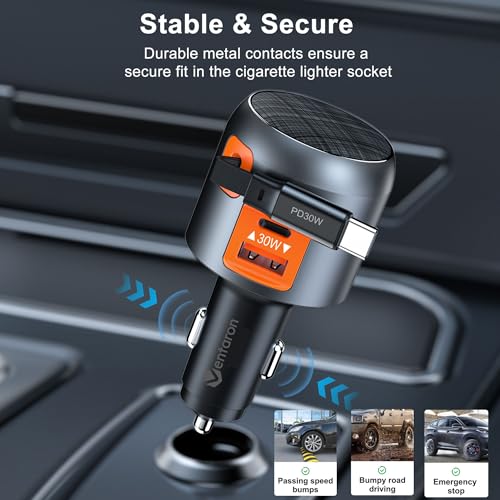 Image of 60W Retractable Car Charger, 3-Port USB-C Car Charger Adapter with Built-In Retractable Cable, Fast Charging Cigarette Lighter Adapter for iPhone 17 /16 /15, Galaxy S26 /S25, Pixel, iPad(Orange)