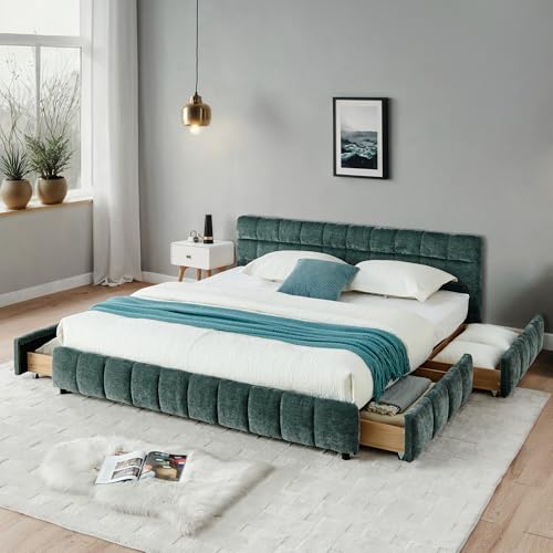 FULife Chenille Grounded Bed with Thick Headboard and 4 Storage Drawers for Bedroom, California King Size Upholstered Floor Bed w/Solid Wood Frame, Space-Saving & No Box Spring Needed, Blue+Green