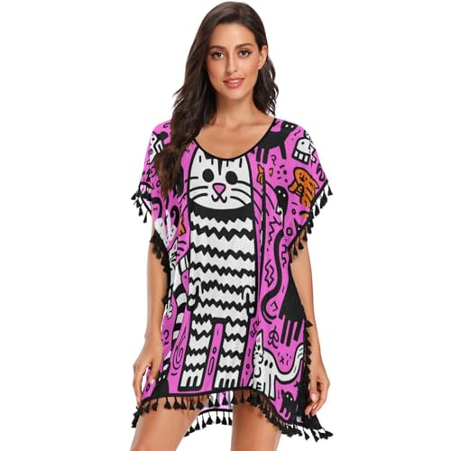 Pink Doodle Art Cat Women's Beach Cover Up Chiffon Tassel Swimwear Swimsuit Coverups for Girl