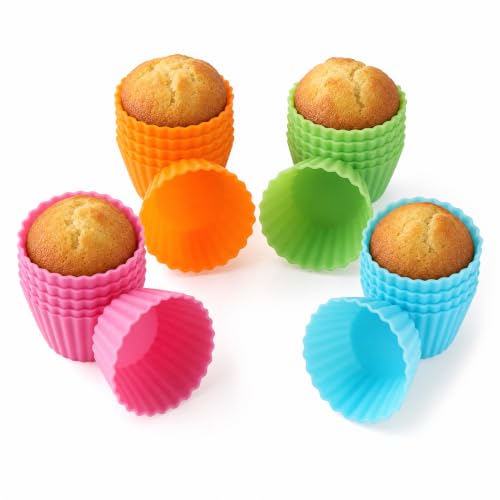 Bakerpan Silicone Mini Cupcake Liners 24 Pack - Reusable Non-Stick Muffin Cups - BPA-Free Baking Cups for Mini Muffin Pan Candy & Chocolate Molds 4 Vibrant Colors