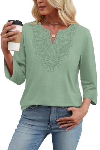 Image of WIHOLL 3 /4 Length Sleeve Womens Tops Boho V Neck Lace Shirt Trendy Blouses Dressy Casual Vacation Clothes S-3XL