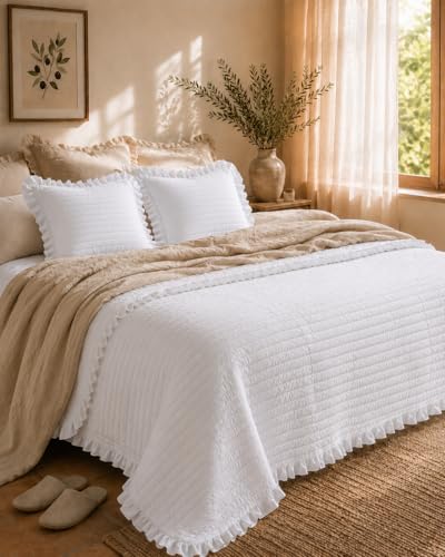 HaraDeco Cubrecama Blanca Reversible 300x260cm con 2 Fundas de Cojín 45x45cm para Cama 200, Colcha Fina de Verano con Diseño de Volantes Elegantes Ligera Suave y Fácil de Lavar, Marella White